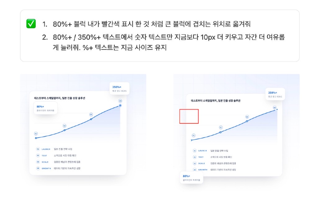 실제 시안 피드백 — 성과 섹션 항목별 수정 지시